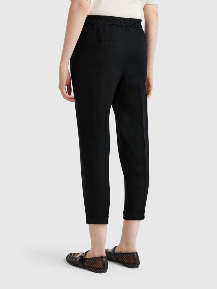 Benetton Cropped Trousers In 100% Linen Black