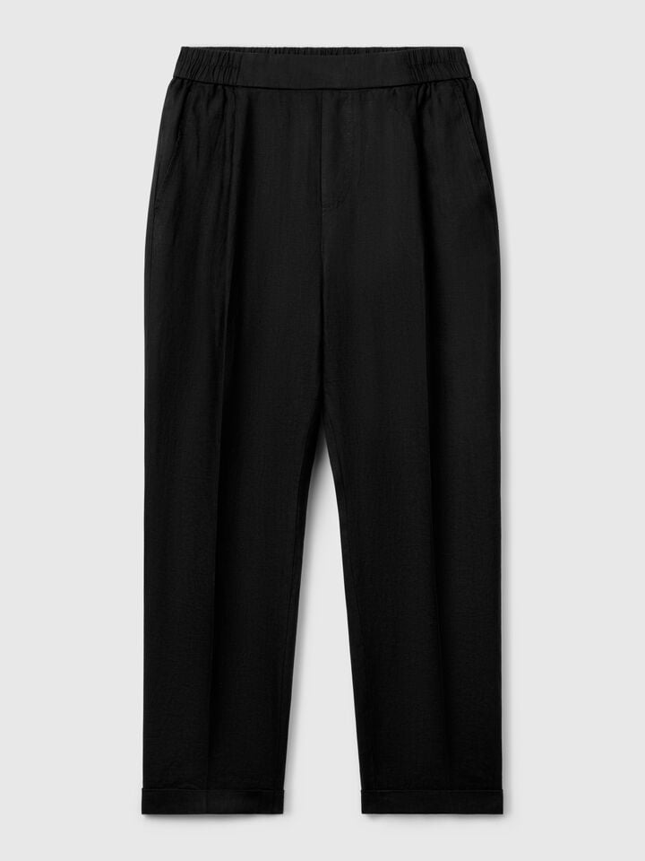 Benetton Cropped Trousers In 100% Linen Black