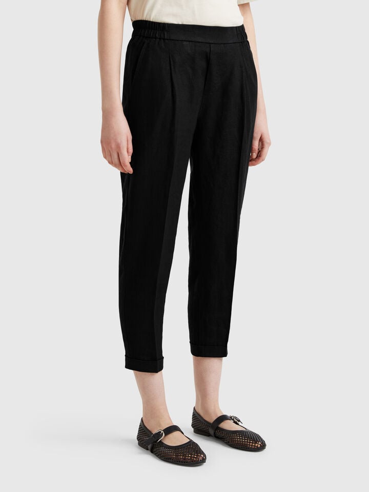 benetton Cropped trousers in 100% linen Black