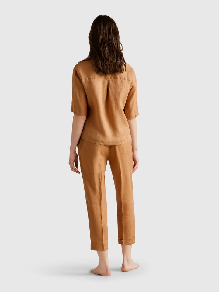 Benetton Cropped Trousers In 100% Linen Camel