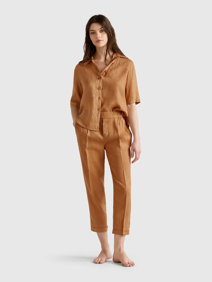 Benetton Cropped Trousers In 100% Linen Camel