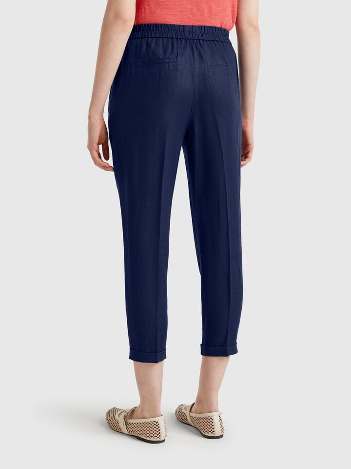 Benetton Cropped Trousers In 100% Linen Dark Blue