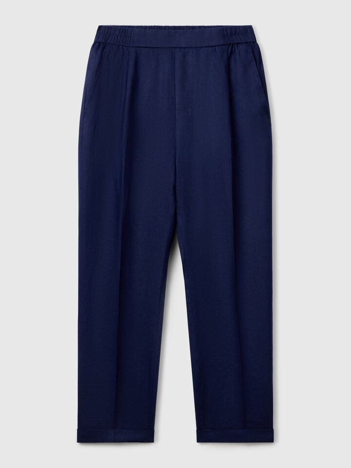 Benetton Cropped Trousers In 100% Linen Dark Blue