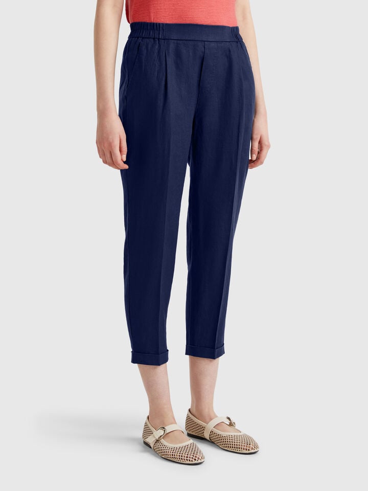 benetton Cropped trousers in 100% linen Dark Blue