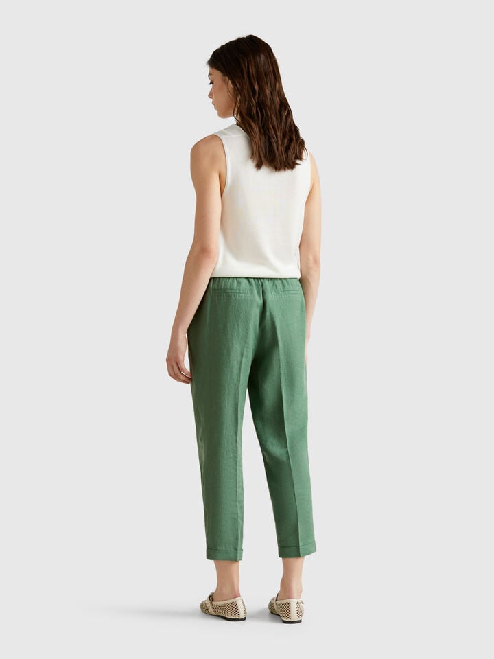 Benetton Cropped Trousers In 100% Linen Green