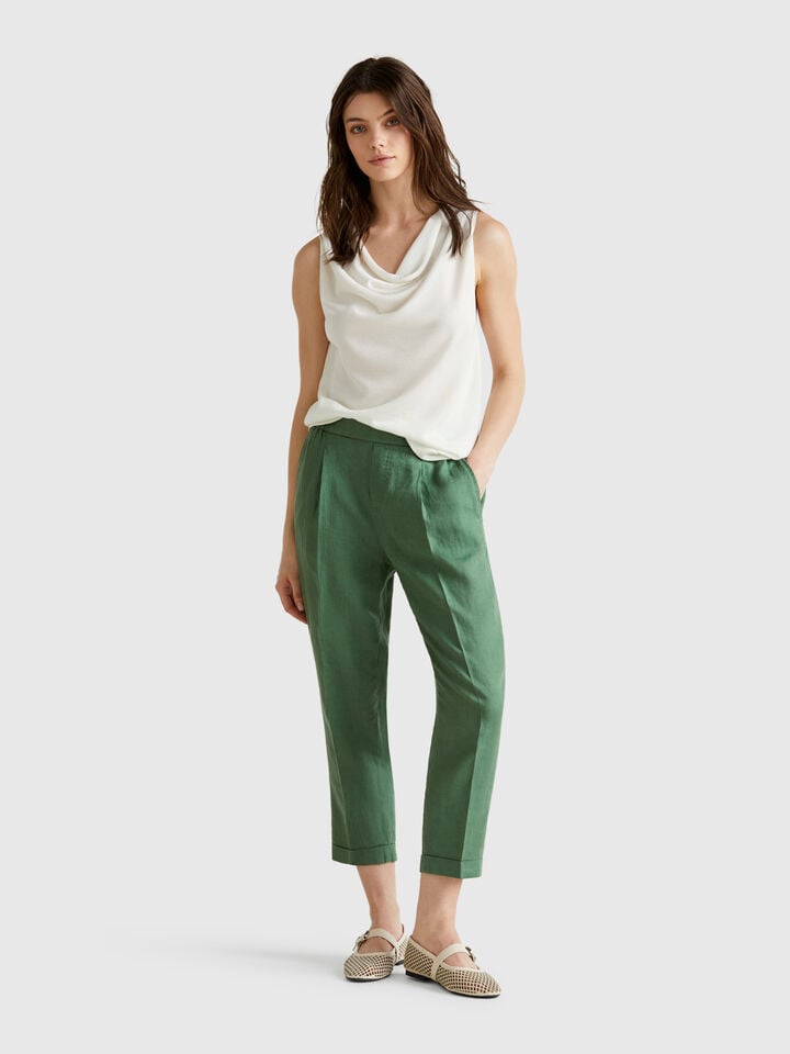 Benetton Cropped Trousers In 100% Linen Green