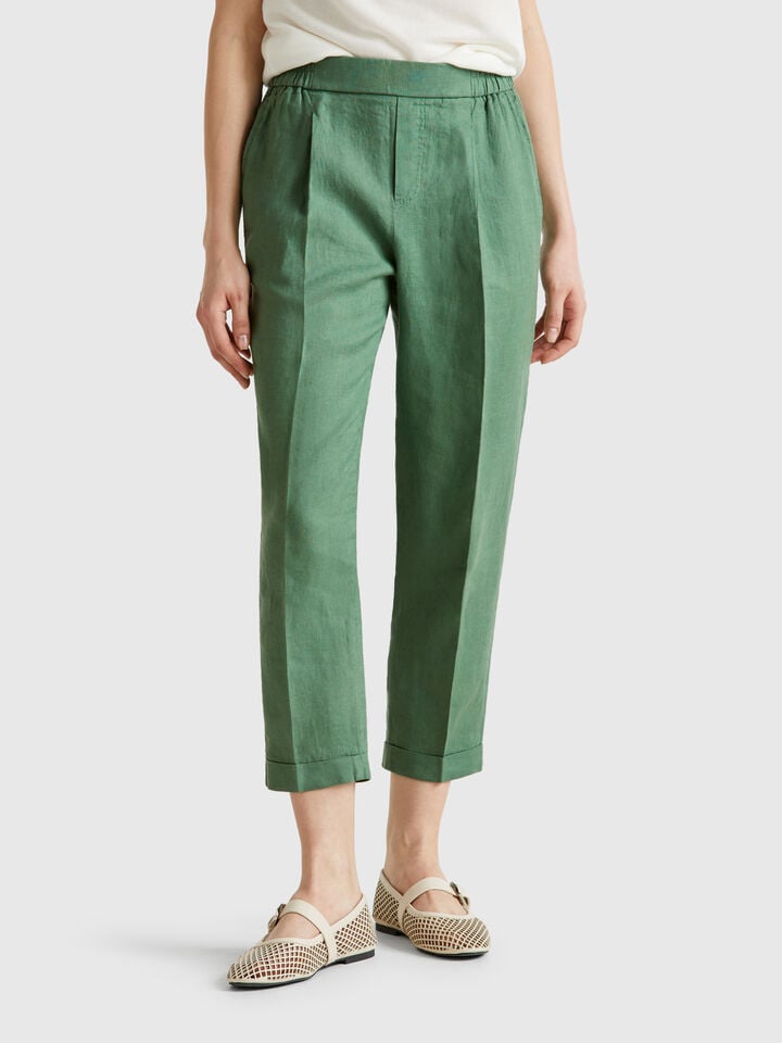 benetton Cropped trousers in 100% linen Green