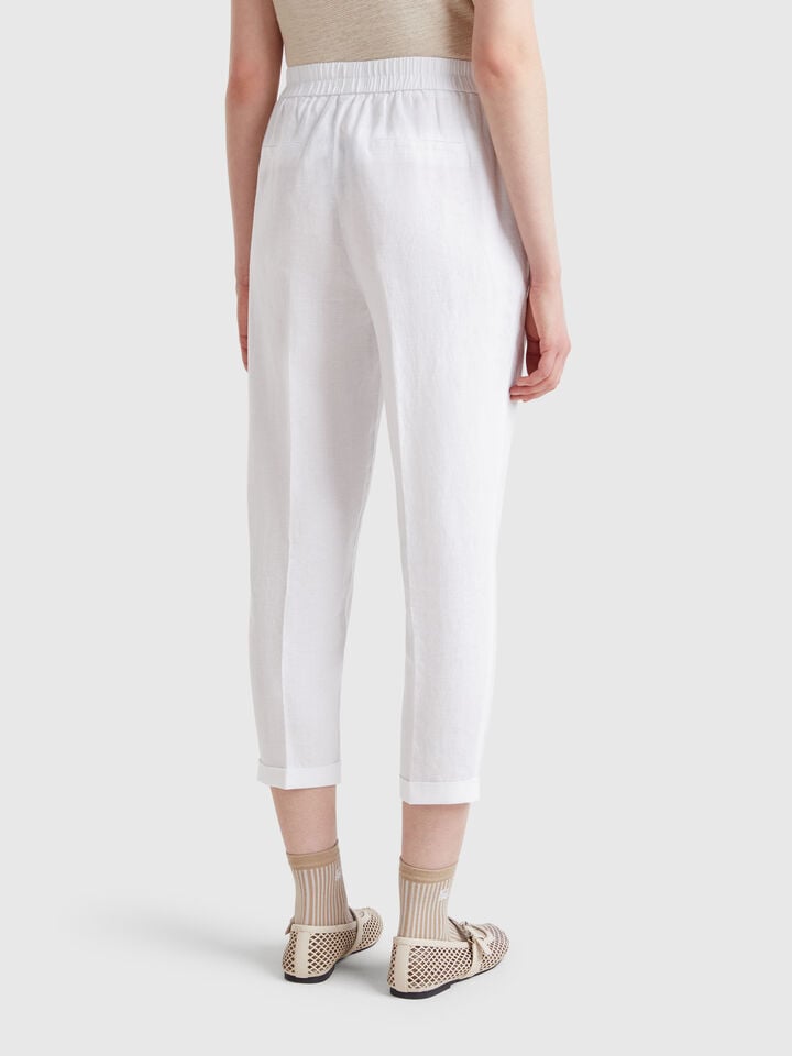 Benetton Cropped Trousers In 100% Linen White