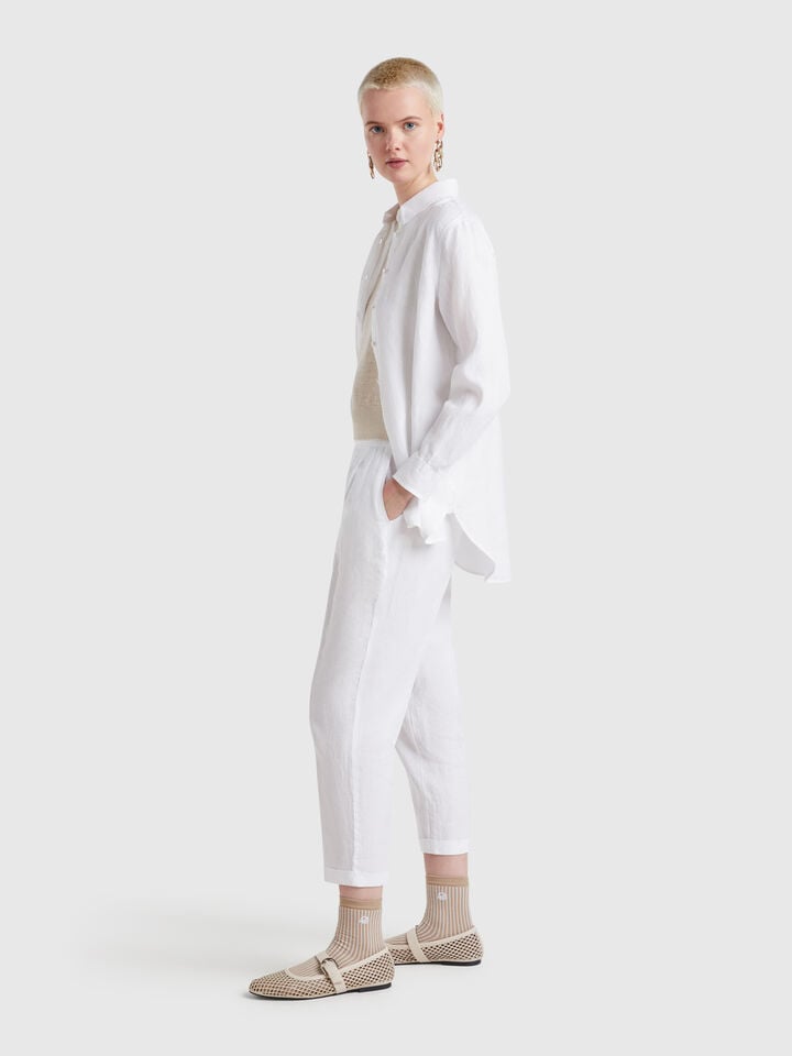 Benetton Cropped Trousers In 100% Linen White