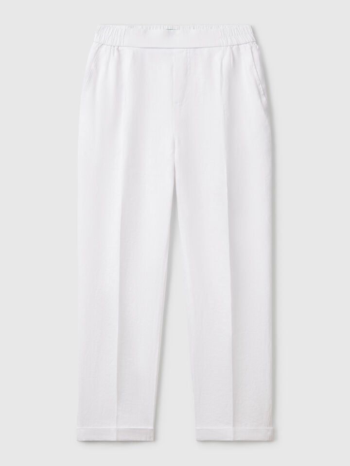 Benetton Cropped Trousers In 100% Linen White