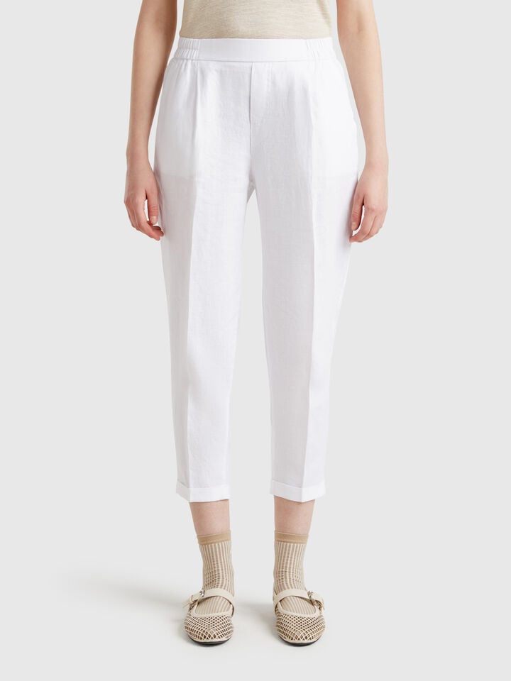 benetton Cropped trousers in 100% linen White