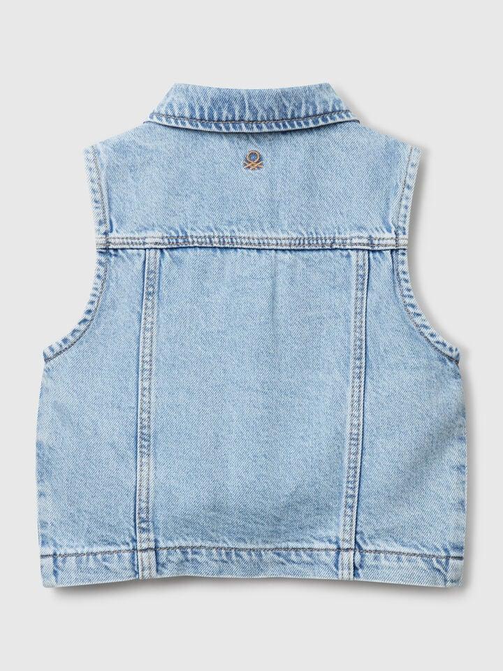 Benetton Denim Vest With Flower Patch Light Blue