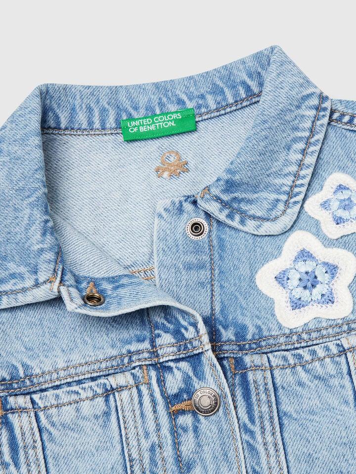 Benetton Denim Vest With Flower Patch Light Blue