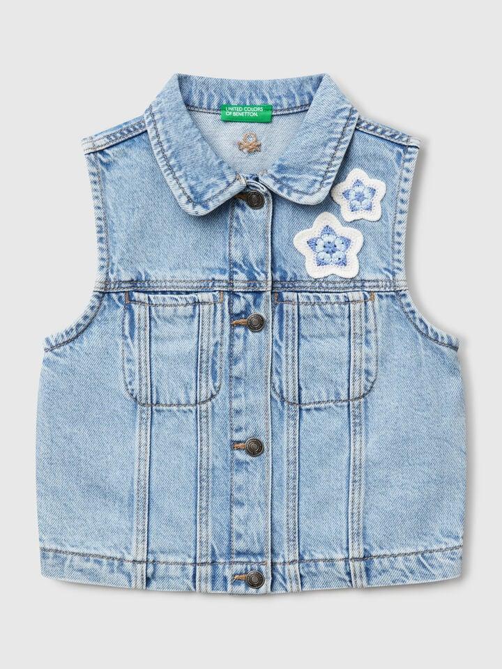 benetton Denim vest with flower patch Light Blue