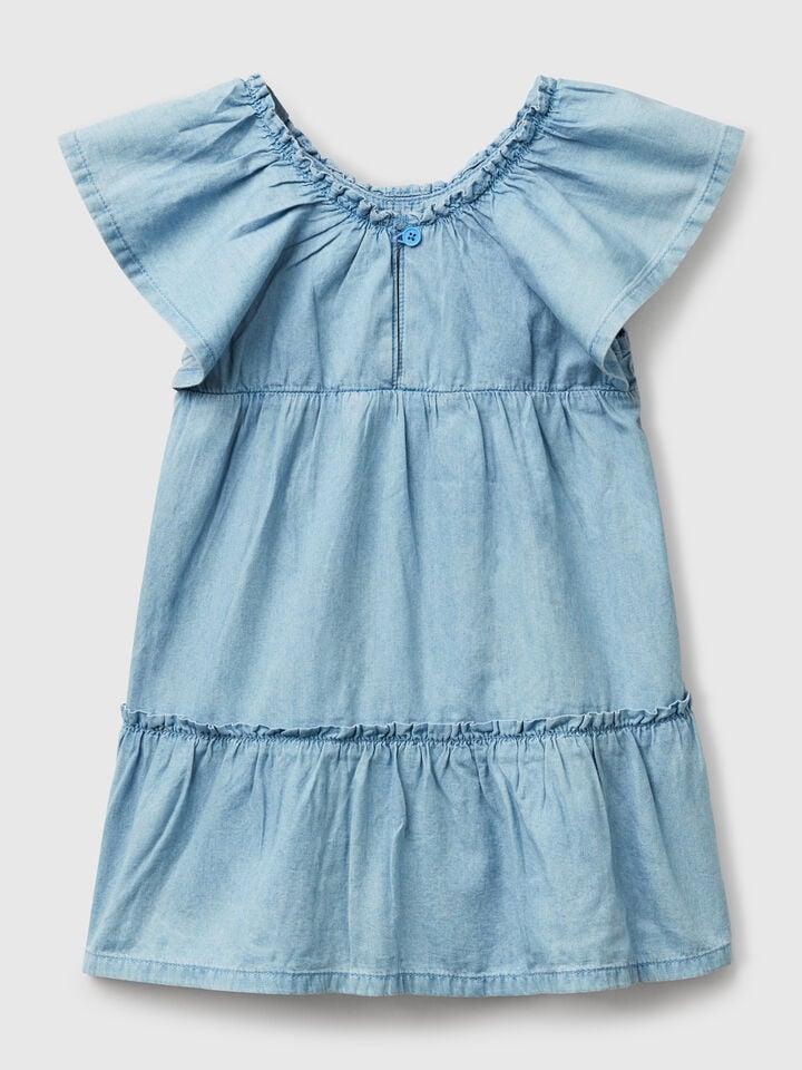 Benetton Dress In Chambray With Frill Light Blue