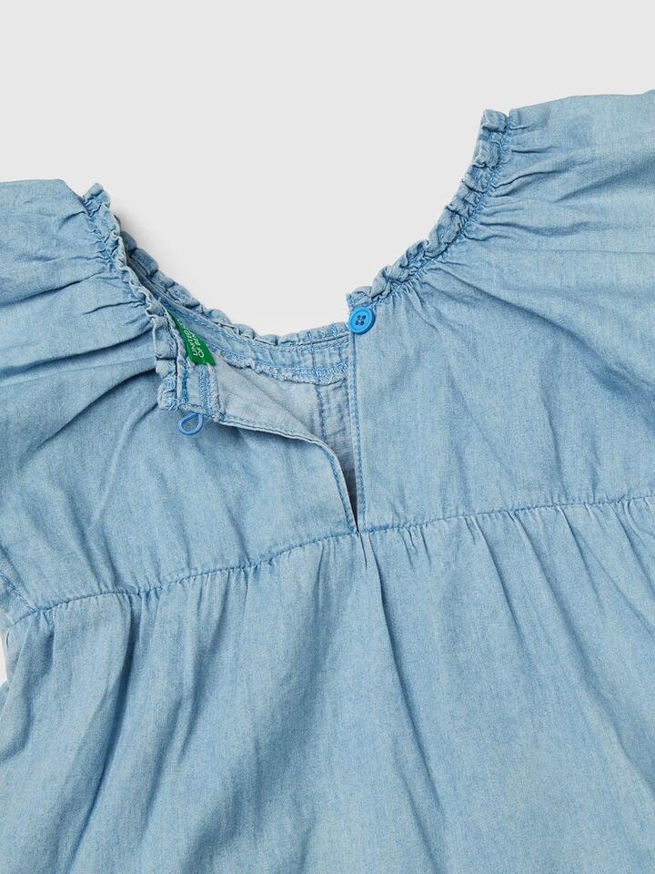 Benetton Dress In Chambray With Frill Light Blue