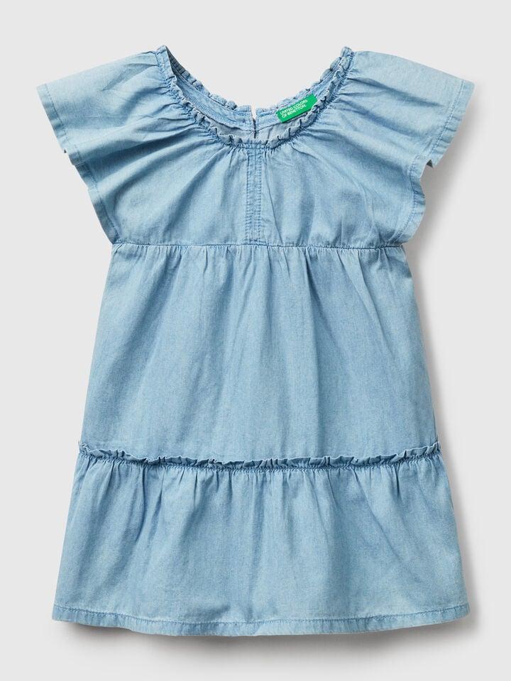 benetton Dress in chambray with frill Light Blue
