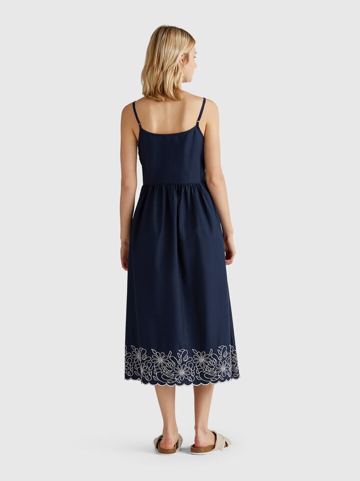 Benetton Dress With Floral Embroidery Dark Blue
