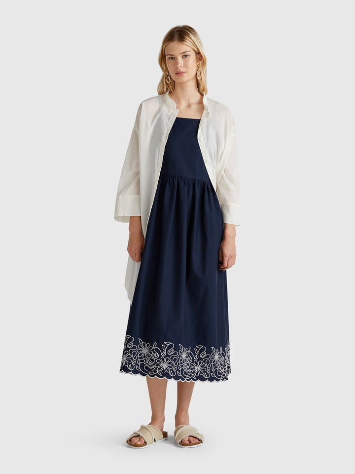 Benetton Dress With Floral Embroidery Dark Blue