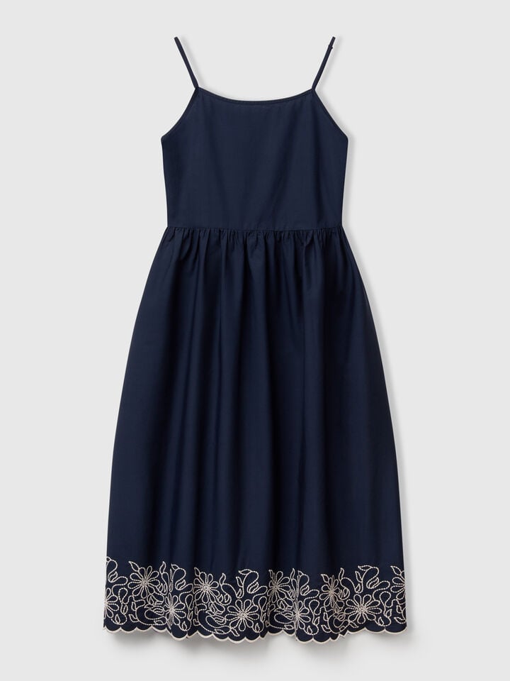 Benetton Dress With Floral Embroidery Dark Blue