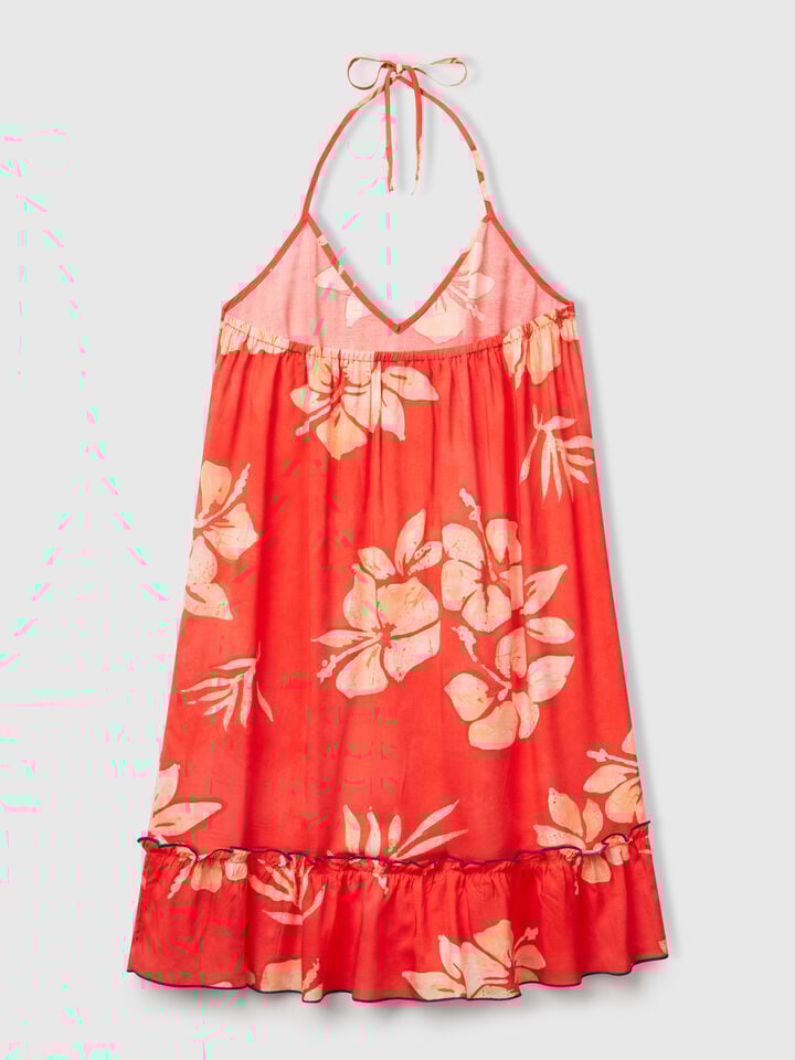 Benetton Dress With Flower Print Orange Coral