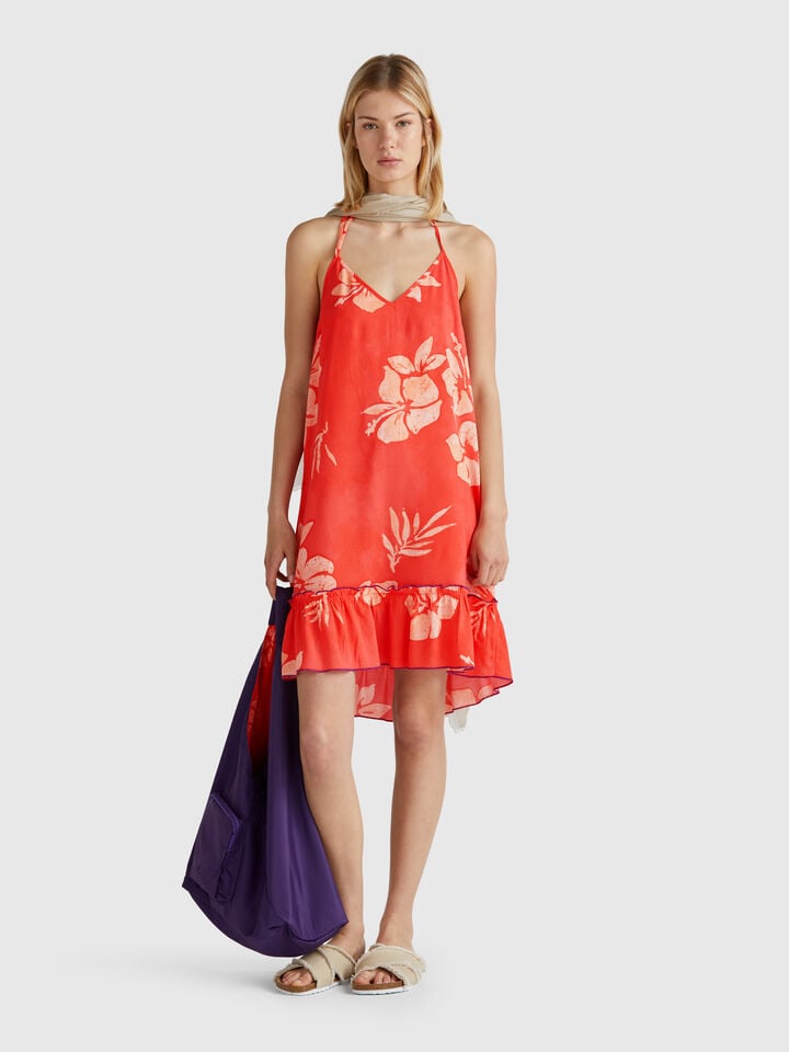 benetton Dress with flower print Orange Coral