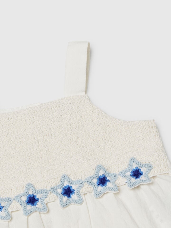 Benetton Dress With Macramé Flowers Creamy White