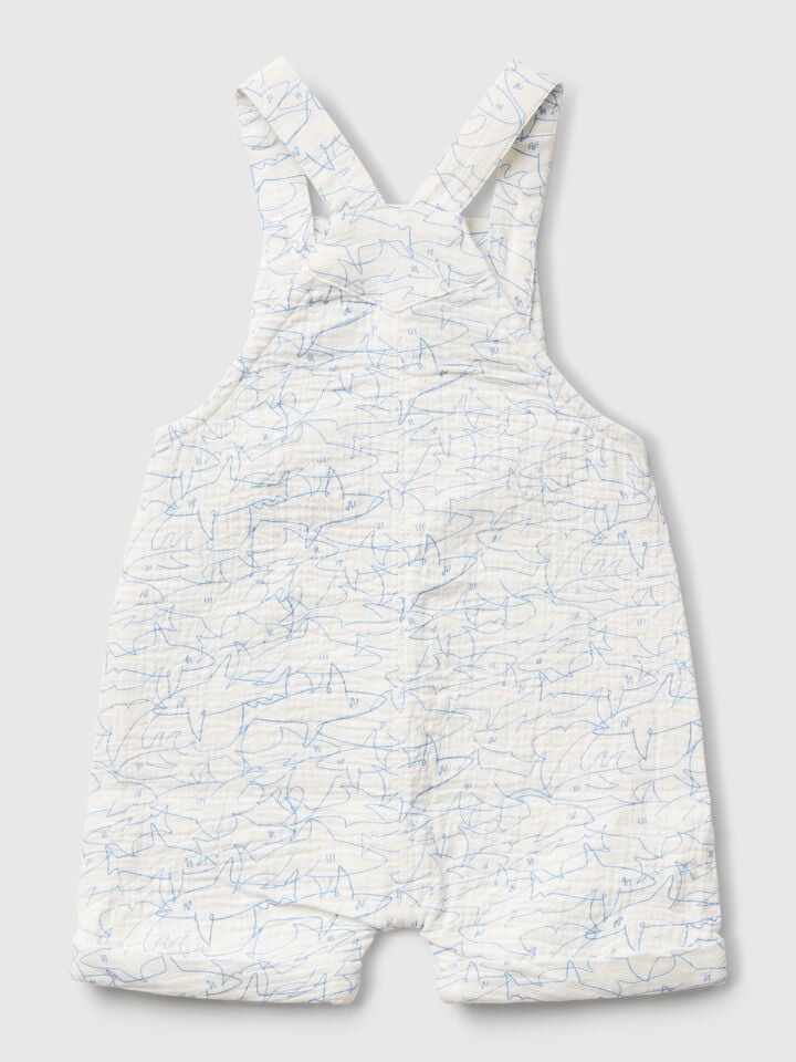 Benetton Dungarees With Shark Print Creamy White