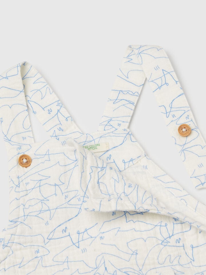 Benetton Dungarees With Shark Print Creamy White