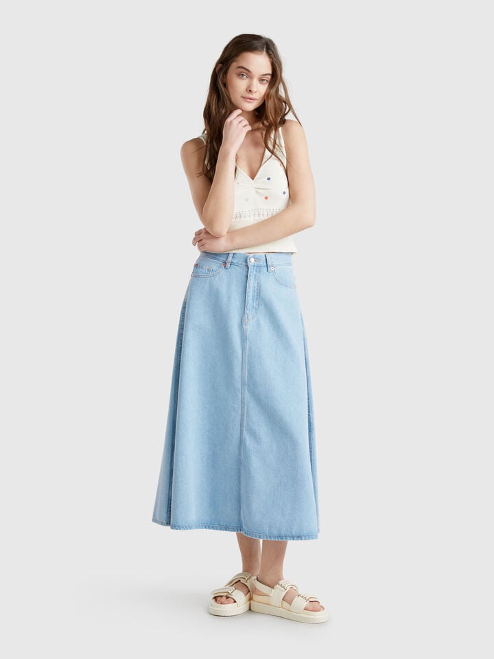 Benetton Flared Jean Skirt Light Blue