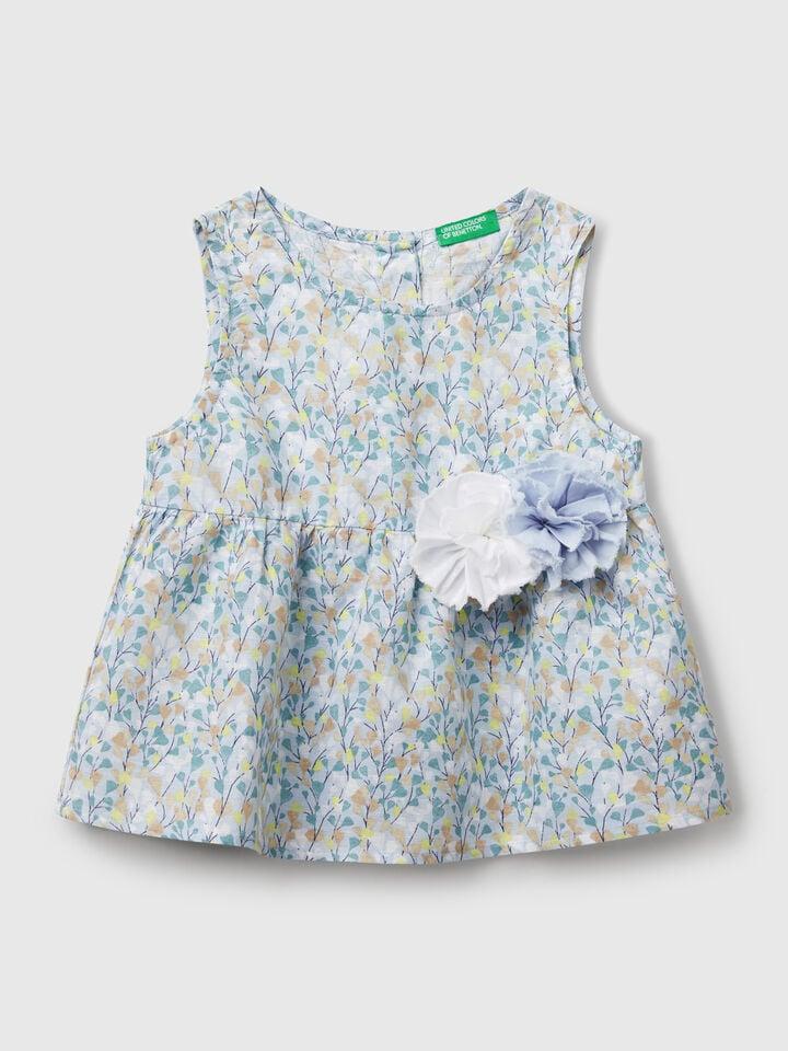 Benetton Floral Blouse In Linen Blend Multi-color