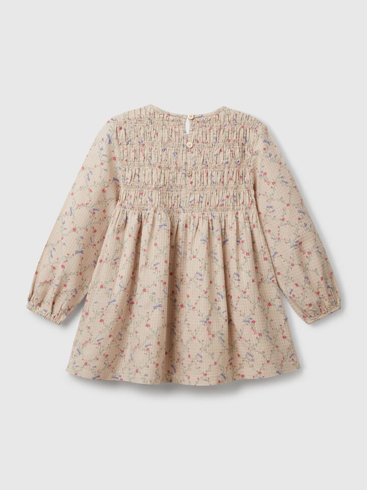 Benetton Floral Dress In Cotton Beige