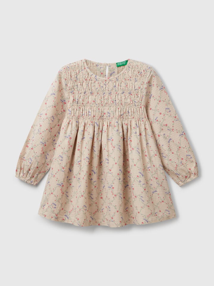 Benetton Floral Dress In Cotton Beige