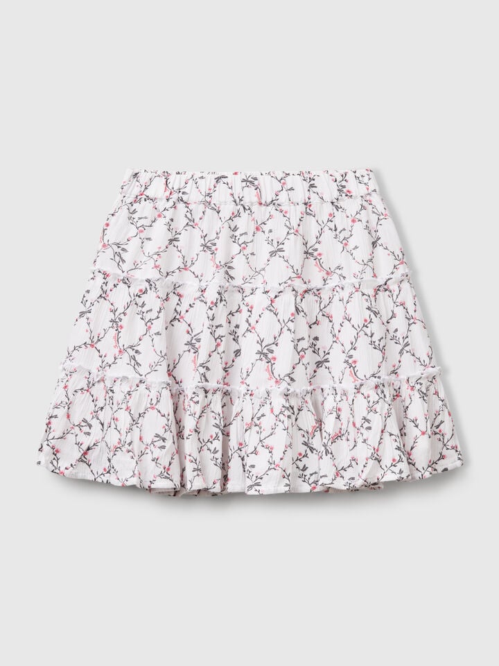 Benetton Floral Mini Skirt With Ruffle White