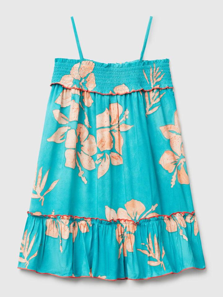 Benetton Flowy Dress With Flower Print Aqua