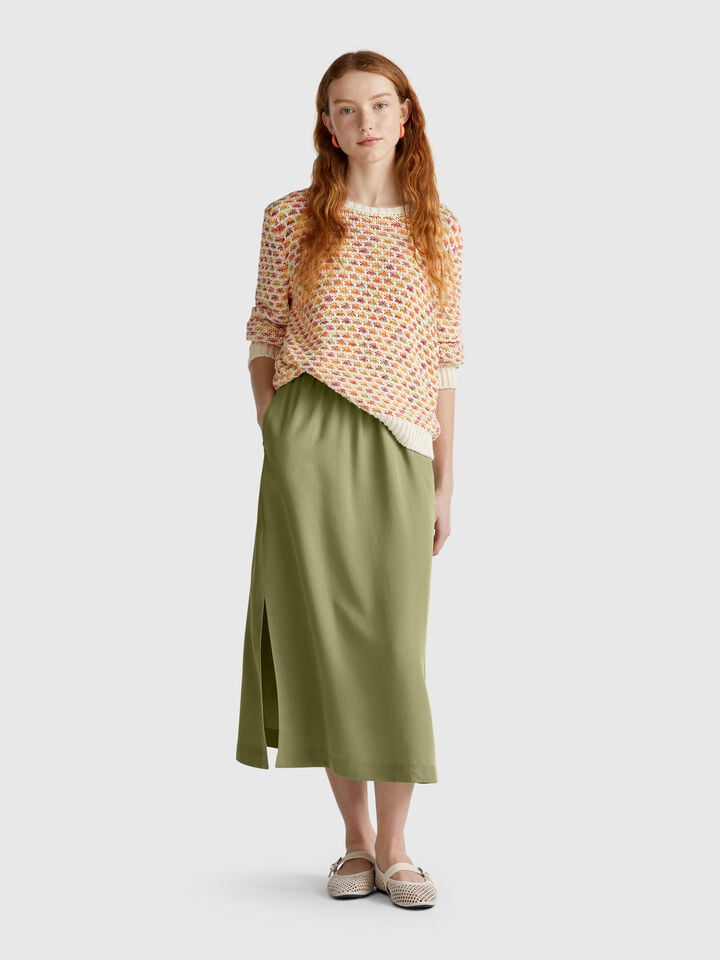 Benetton Flowy Midi Skirt Olive Green