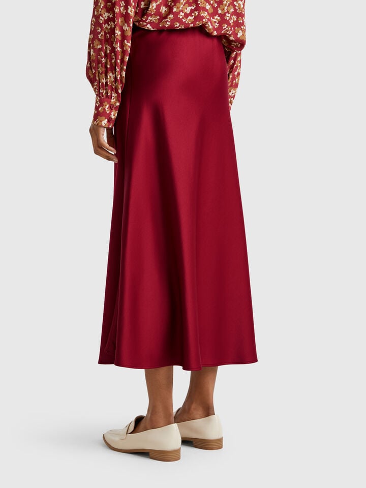 Benetton Flowy Satin Look Skirt Burgundy