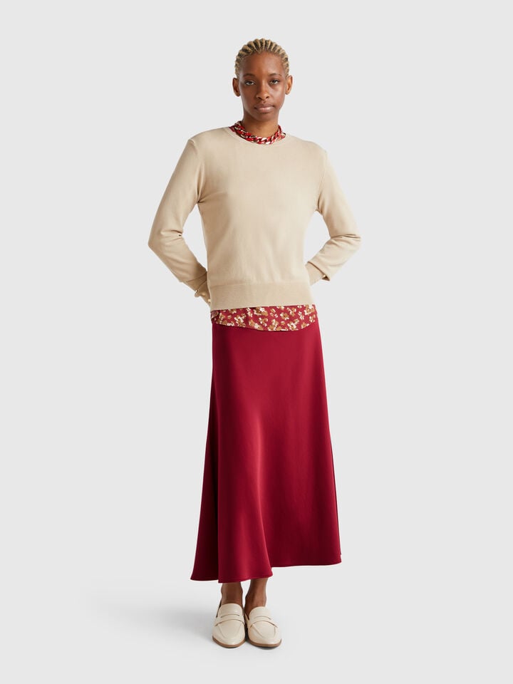 Benetton Flowy Satin Look Skirt Burgundy