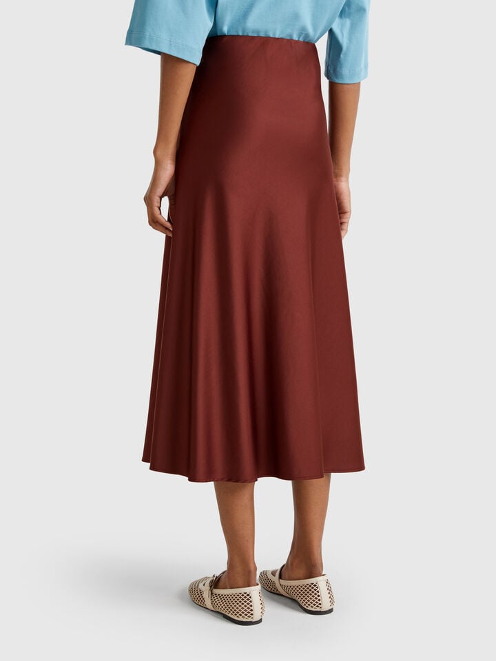 Benetton Flowy Satin Look Skirt Burnt