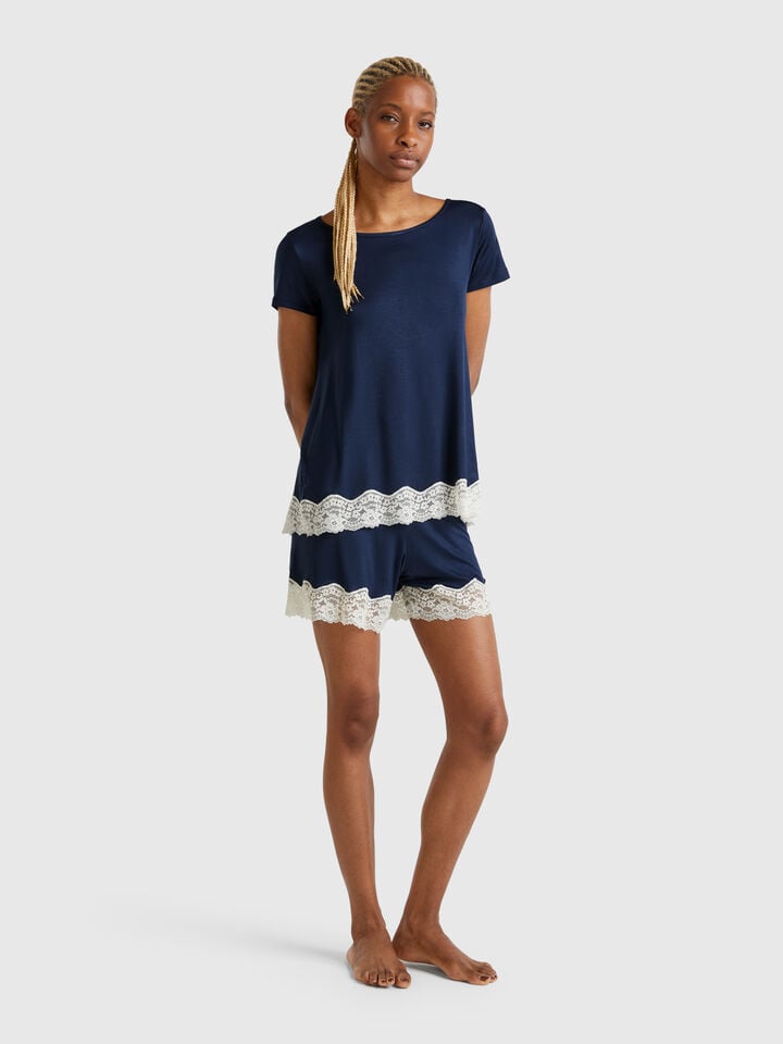 Benetton Flowy Shorts With Lace Dark Blue