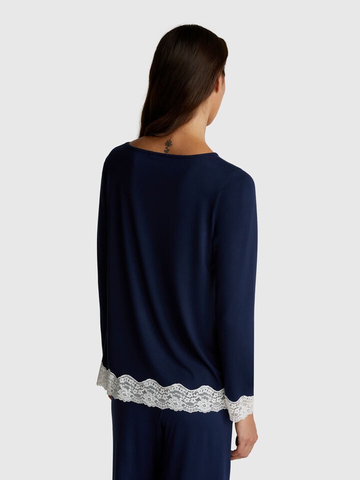 Benetton Flowy Top With Lace Dark Blue