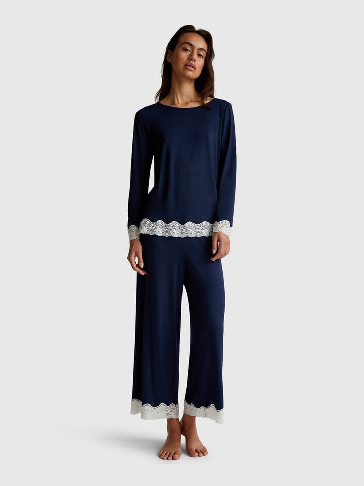 Benetton Flowy Top With Lace Dark Blue