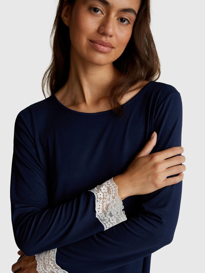 Benetton Flowy Top With Lace Dark Blue