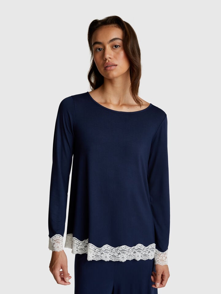 benetton Flowy top with lace Dark Blue