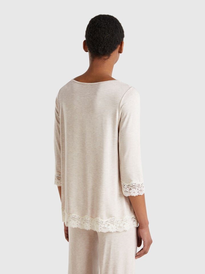 Benetton Flowy Top With Lace Details Beige