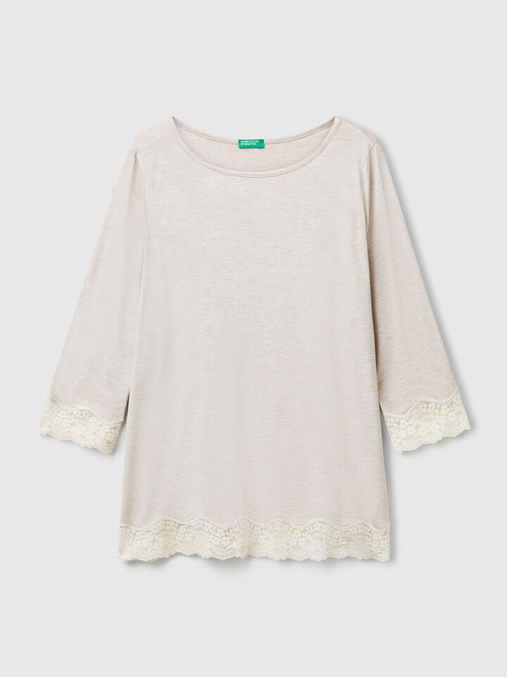 Benetton Flowy Top With Lace Details Beige