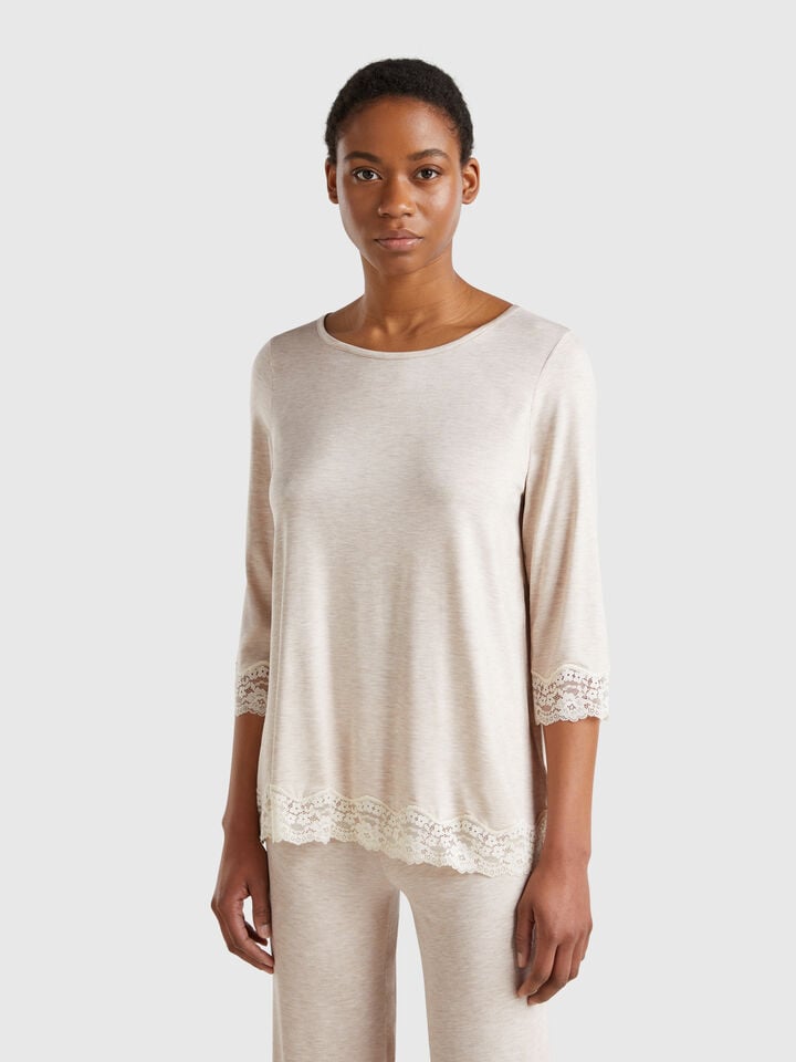 benetton Flowy top with lace details Beige