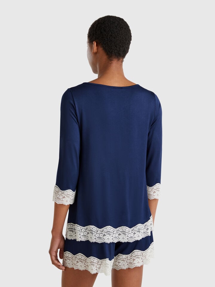 Benetton Flowy Top With Lace Details Dark Blue