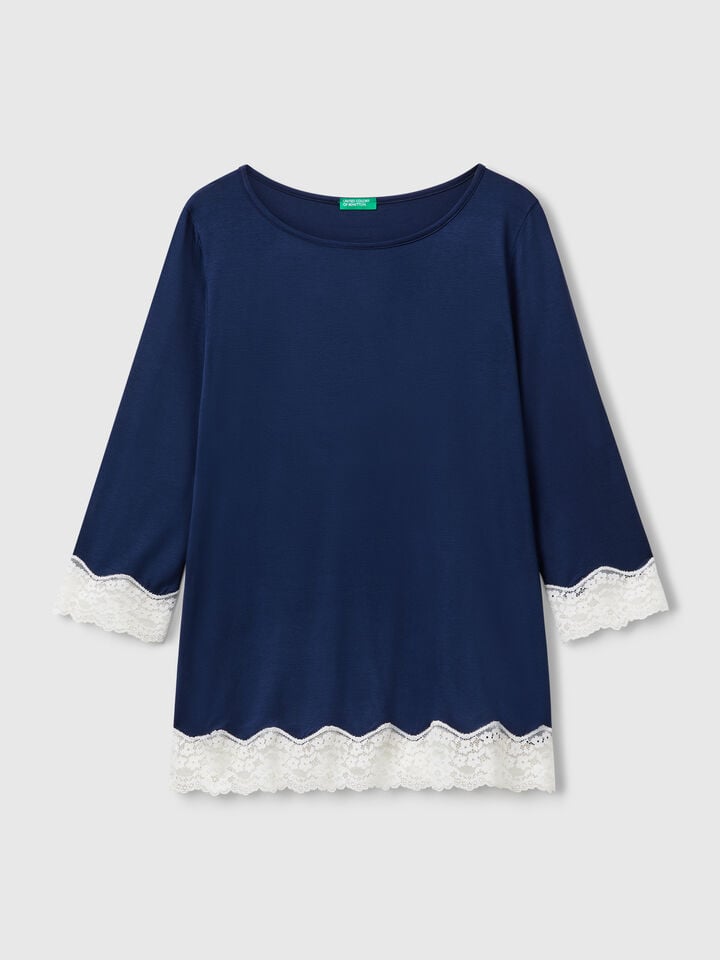 Benetton Flowy Top With Lace Details Dark Blue