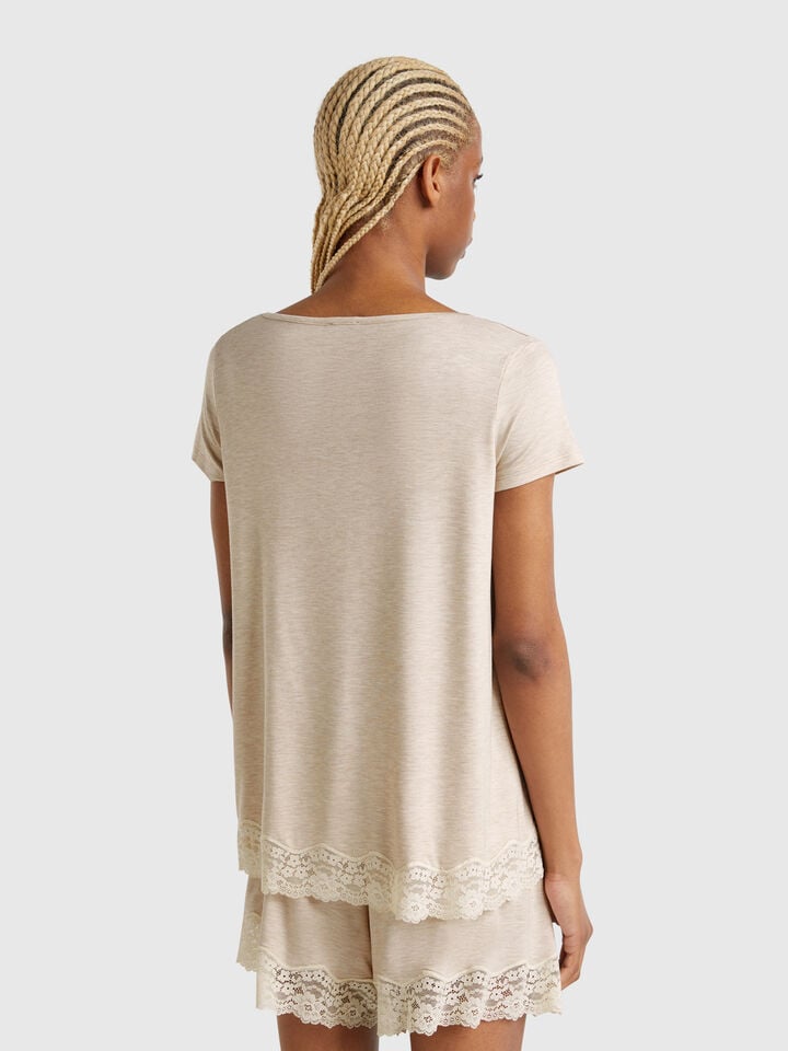 Benetton Flowy Top With Lace Edge Beige